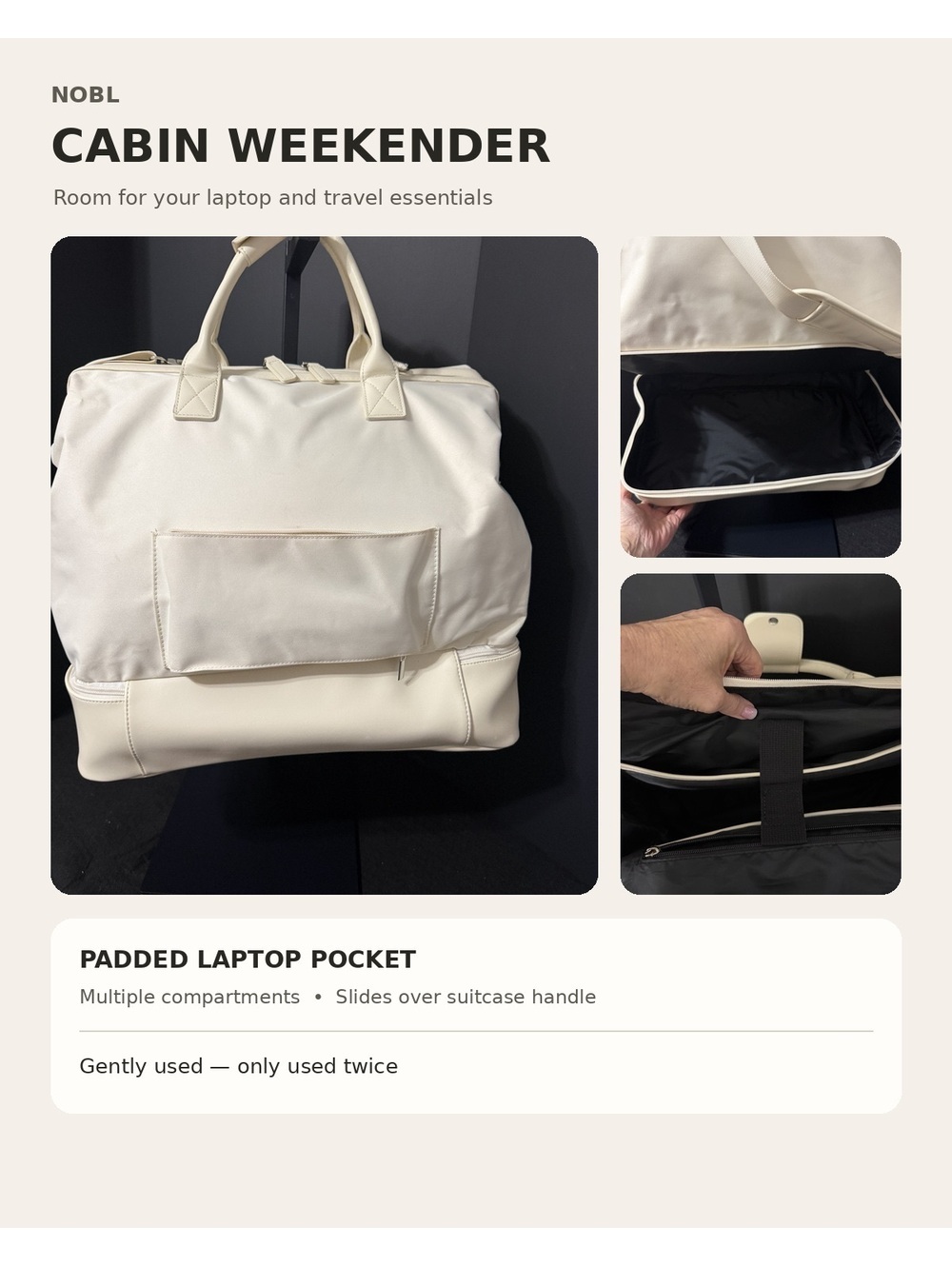 NOBL Cabin Weekender Travel Bag - Ivory, Padded Laptop Pocket